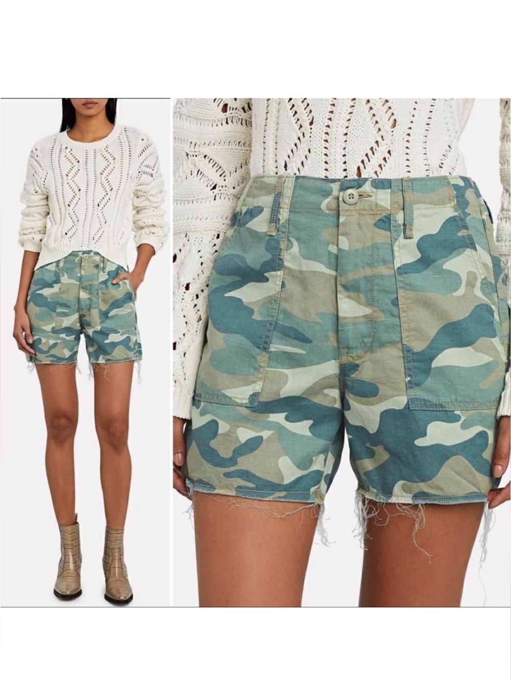 MOTHER Camo High-Rise Utility Shorts in Green/Tan